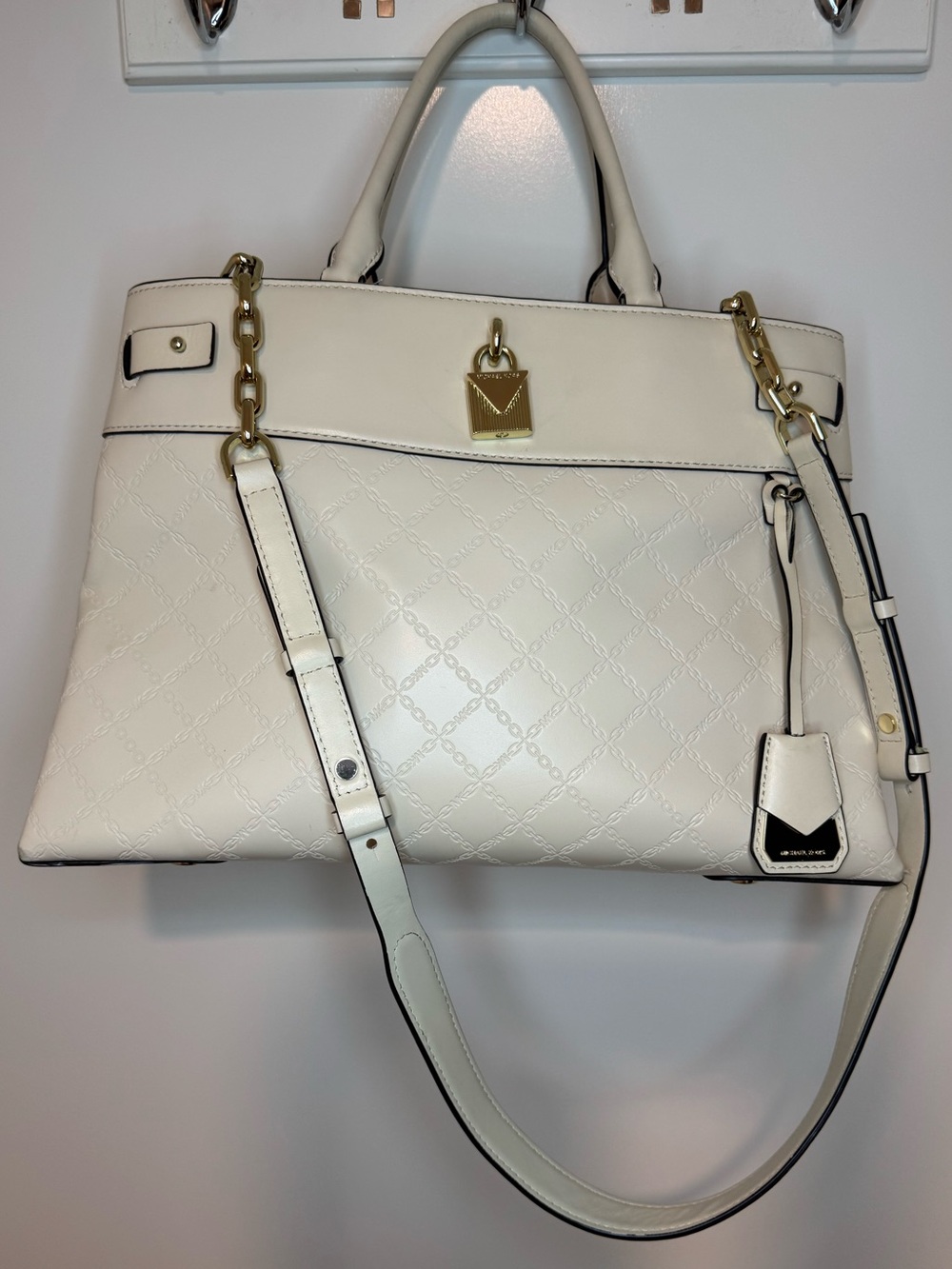 Michael Kors Large White Embossed Leather Satchel Tote Crossbody Bag Gold Tone